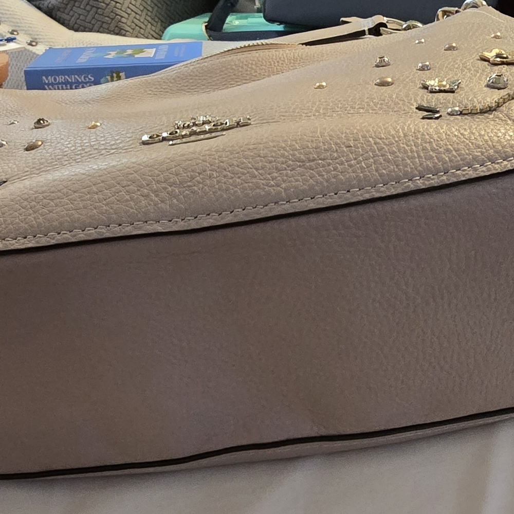 Coach Pebbled Leather Hobo Bag in Taupe with Studded Floral Accent - Picture 5 of 9